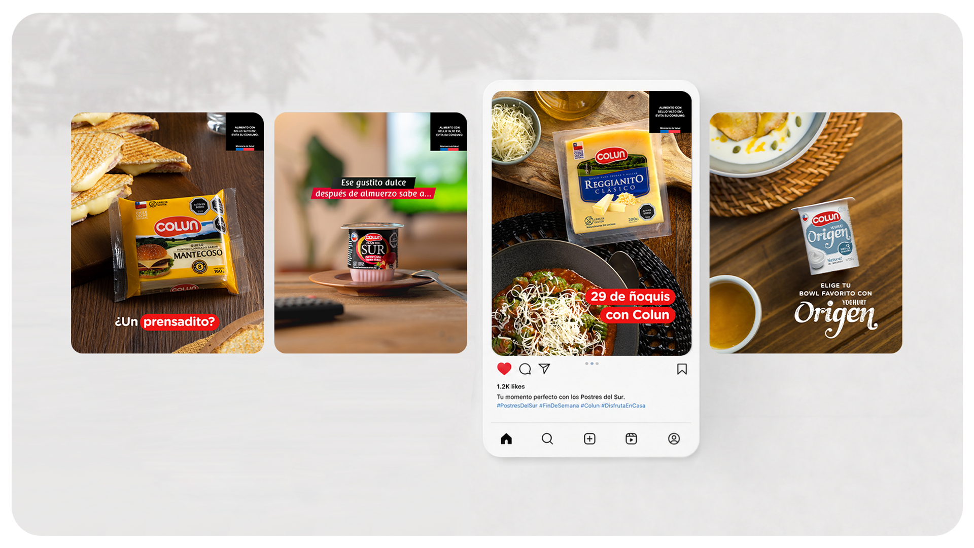 Piezas estáticas de Colun presentadas en un mockup de Instagram con sombra de árbol